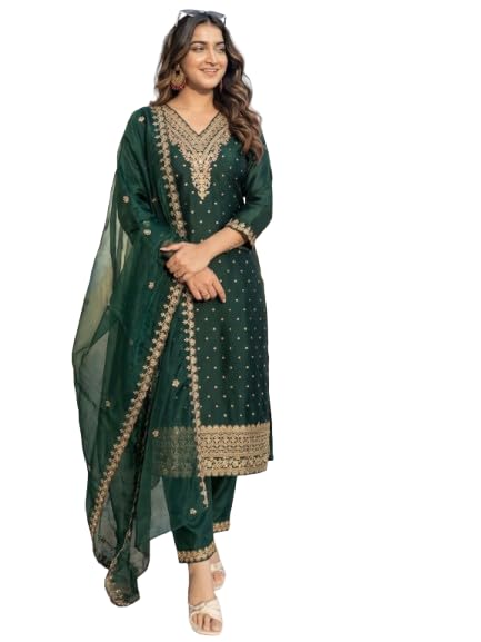 Women's Chanderi Silk Embroidered Kurta Set with Organza Dupatta