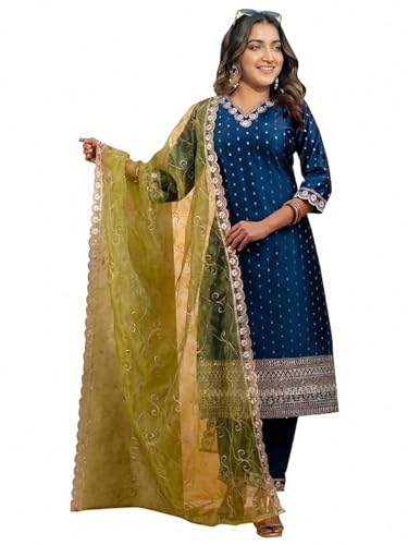 Women's Chanderi Silk Embroidered Kurta Set with Organza Dupatta