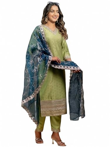 Women's Chanderi Silk Embroidered Kurta Set with Organza Dupatta