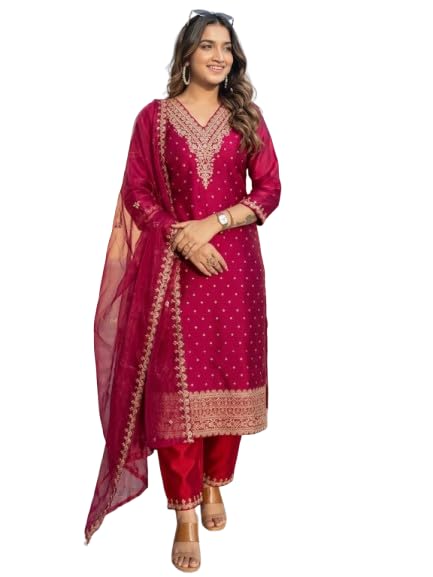 Women's Chanderi Silk Embroidered Kurta Set with Organza Dupatta