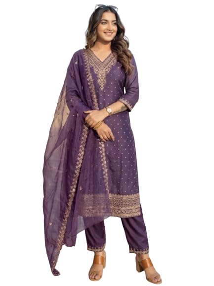 Women's Chanderi Silk Embroidered Kurta Set with Organza Dupatta
