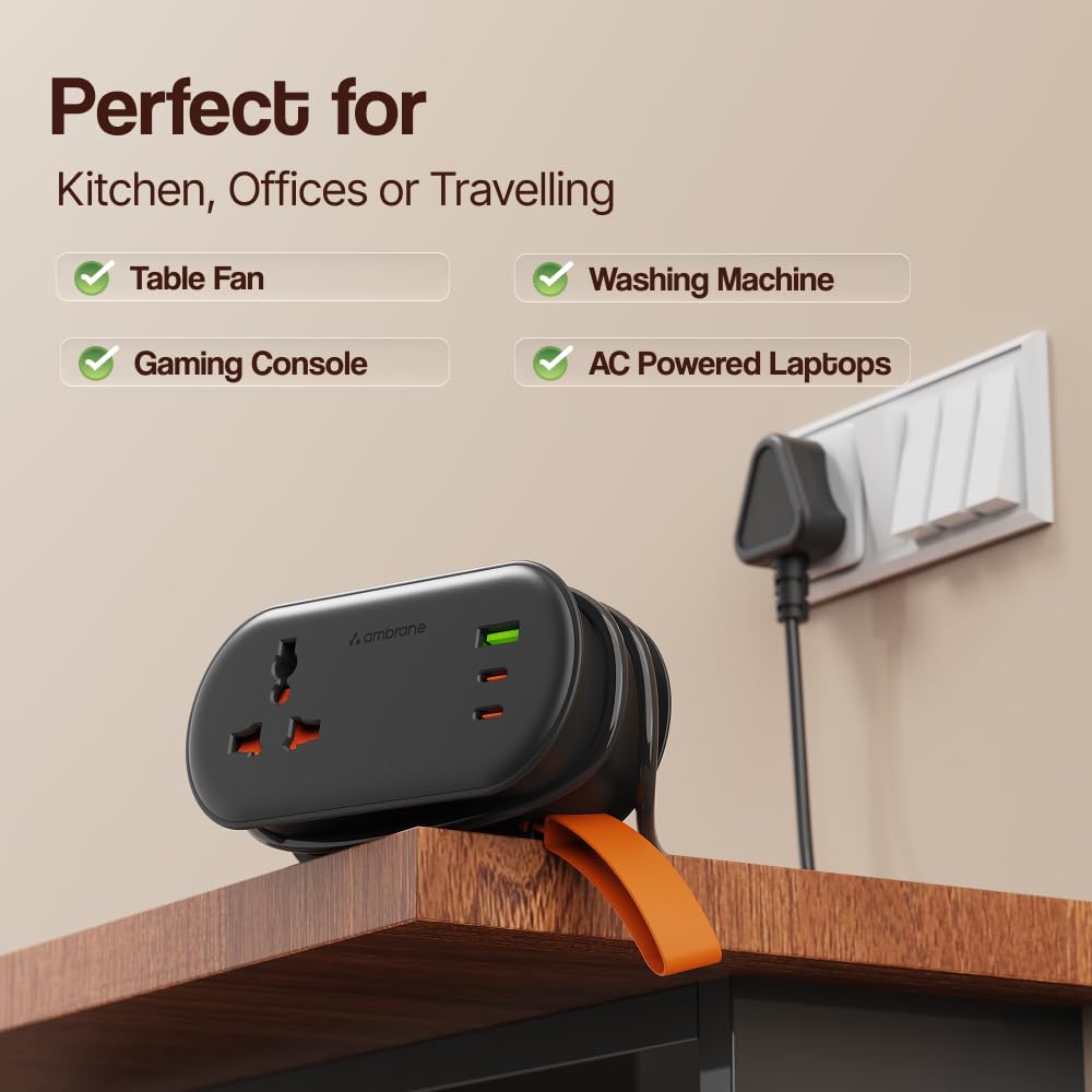 Ambrane SmartStrip 3 Foldable Extension Board | 20W Fast Charging | 2 USB + 2 Type-C | 2500W