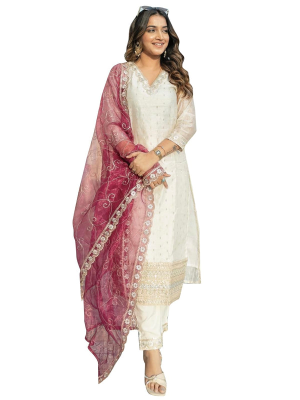 Women's Chanderi Silk Embroidered Kurta Set with Organza Dupatta