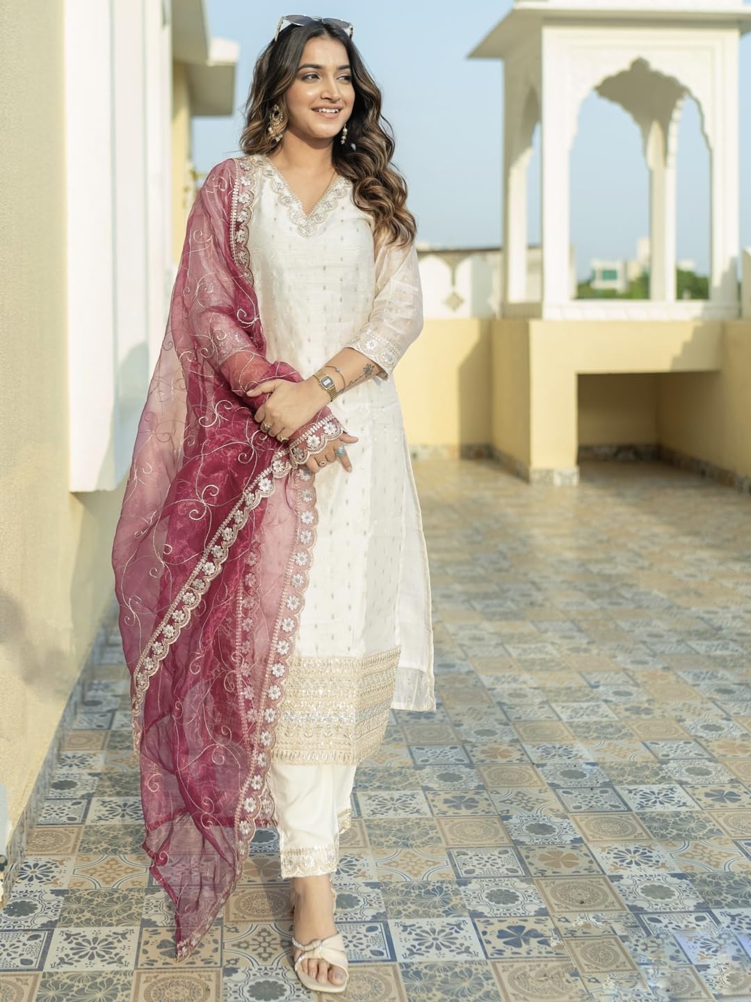 Women's Chanderi Silk Embroidered Kurta Set with Organza Dupatta