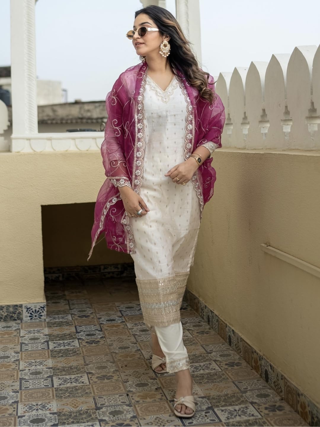 Women's Chanderi Silk Embroidered Kurta Set with Organza Dupatta
